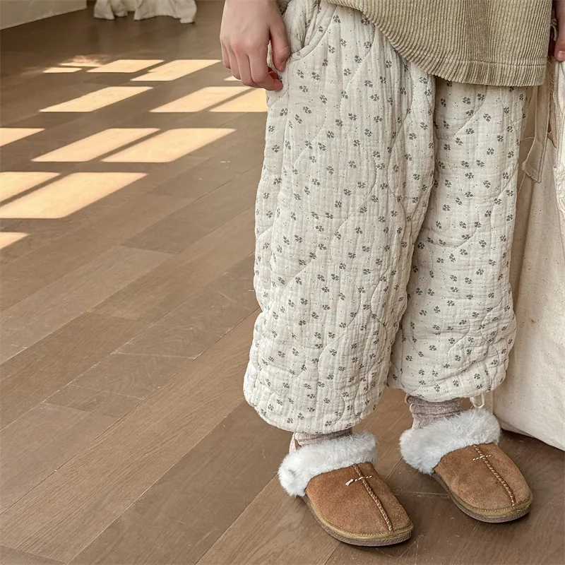 

Winter Kids Cotton Padded Pants 1-6Y Floral Warm Girls Baby Trousers Korean Loose Children's Clothes Boys Elastic Waist Pants