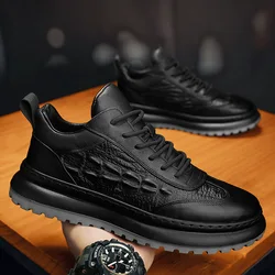 Zapatos informales de cuero negro para hombre, zapatillas con cordones, estampado de cocodrilo con plataforma y, a la moda, para caminar, 2023