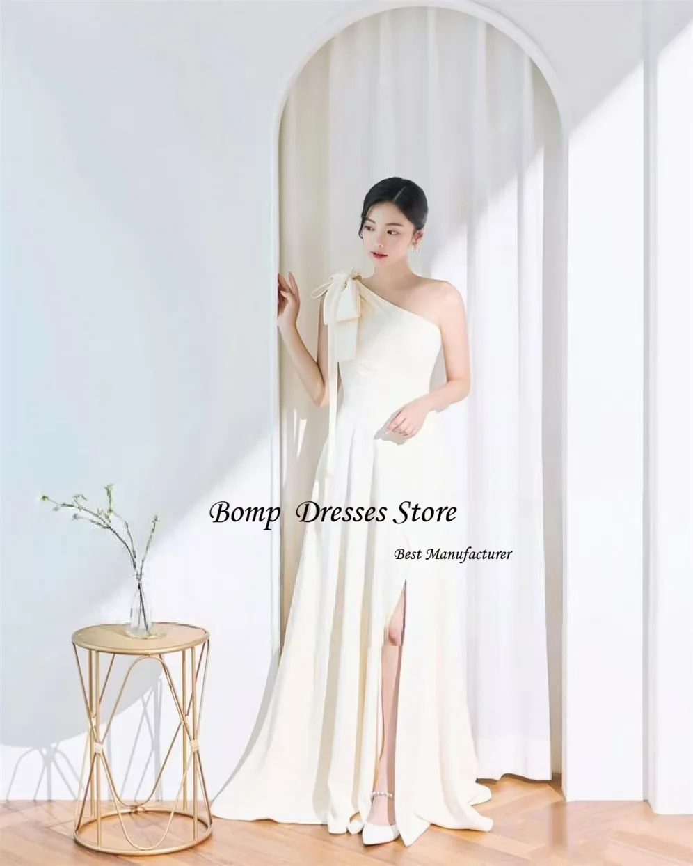 Bomp simples um ombro coreia vestidos de casamento alta divisão fotos sessão vestido de festa personalizado grande arco noiva recepções dresse