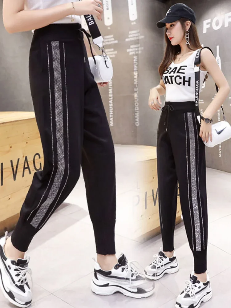 Loose Fit Black Knitted Harem Pants for Women with Diamond Rhinestone Decoration Elastic Waistband Sweatpants Cropped Pants