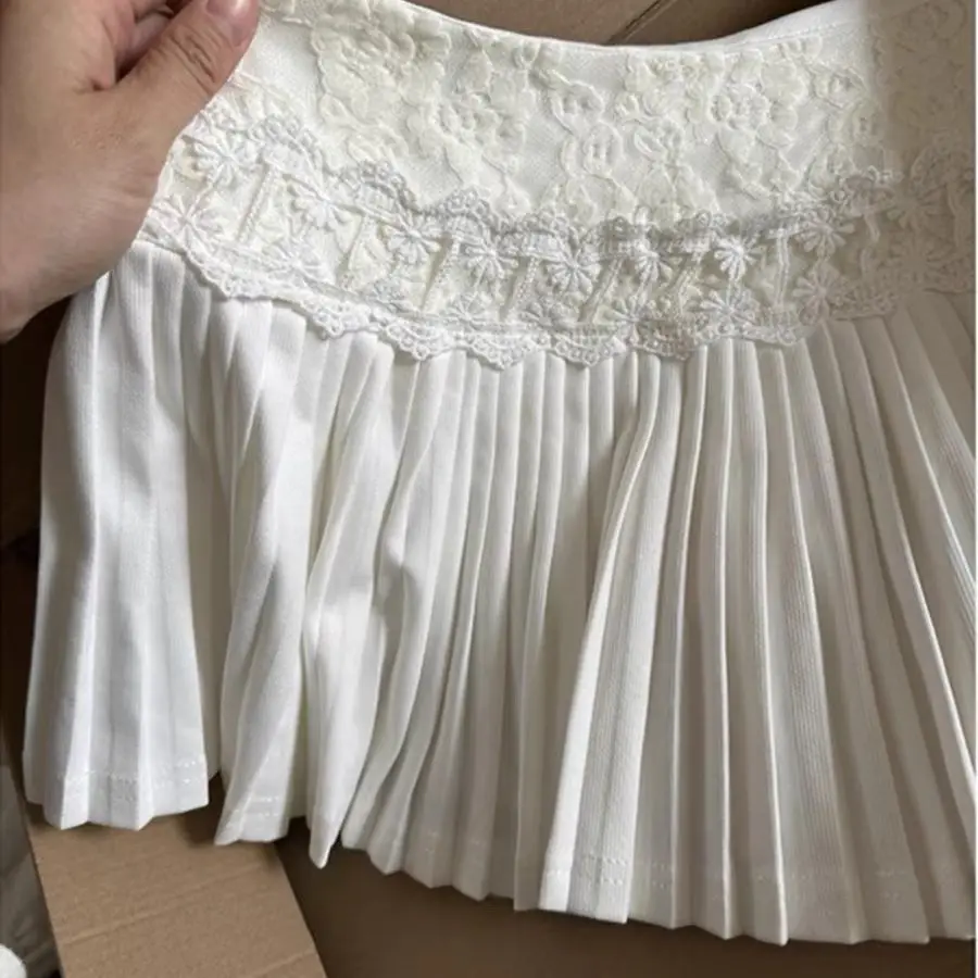 Nicho estilo puro bolo saia para mulher na primavera e no outono de cintura alta renda emendada doce plissado saia curta