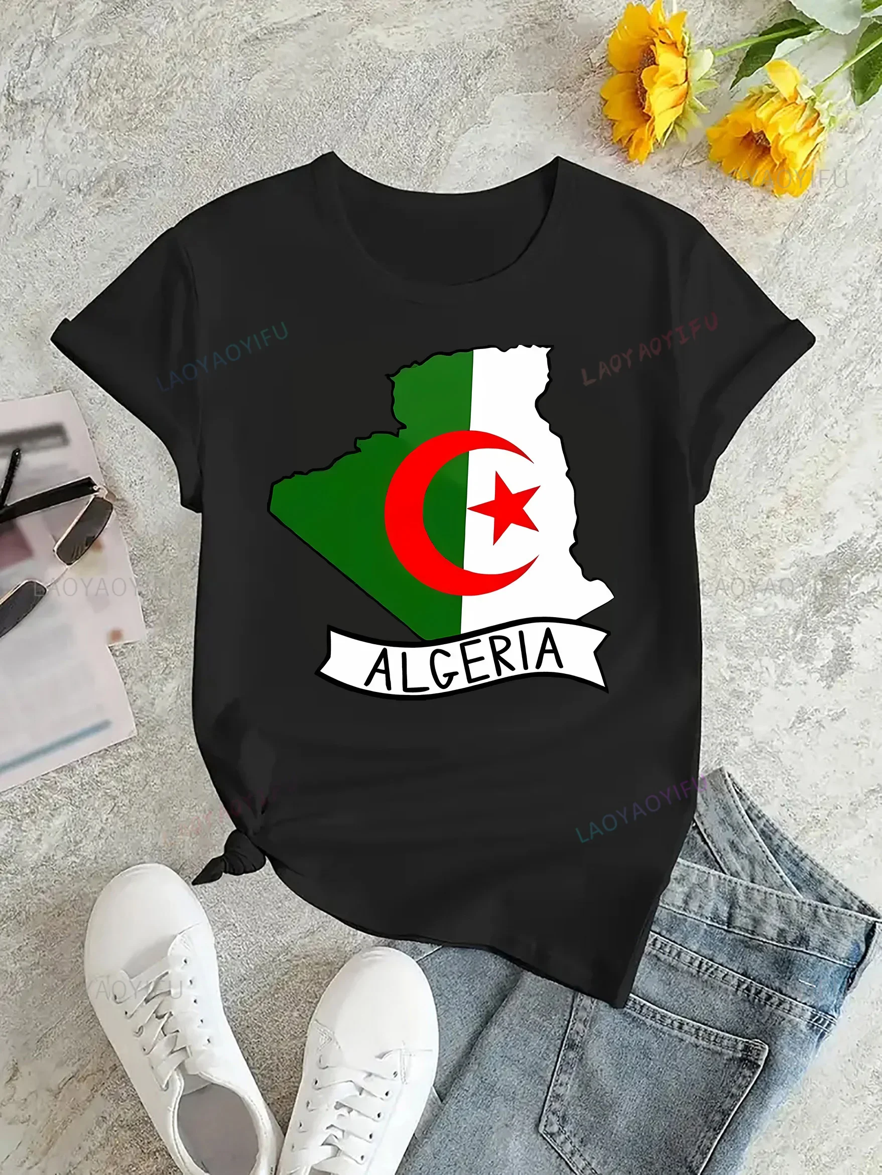 تي شيرت مطبوع عليه علم الجزائر للنساء كاجوال برقبة دائرية وأكمام قصيرة تي شيرت قابل للتنفس متعدد الاستخدامات موسمي جديد كاجوال بسيط #4
