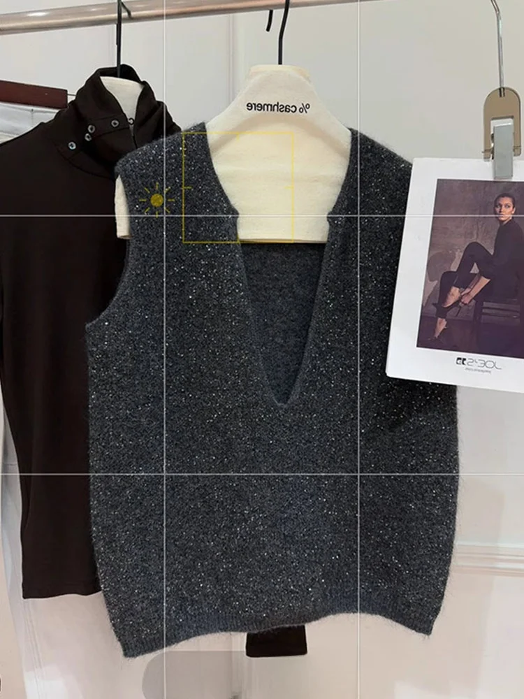 

Свитер Camere, цветной вязаный топ с блестками, корейская толстовка с капюшоном, повседневный жилет, женский модный простой дизайн