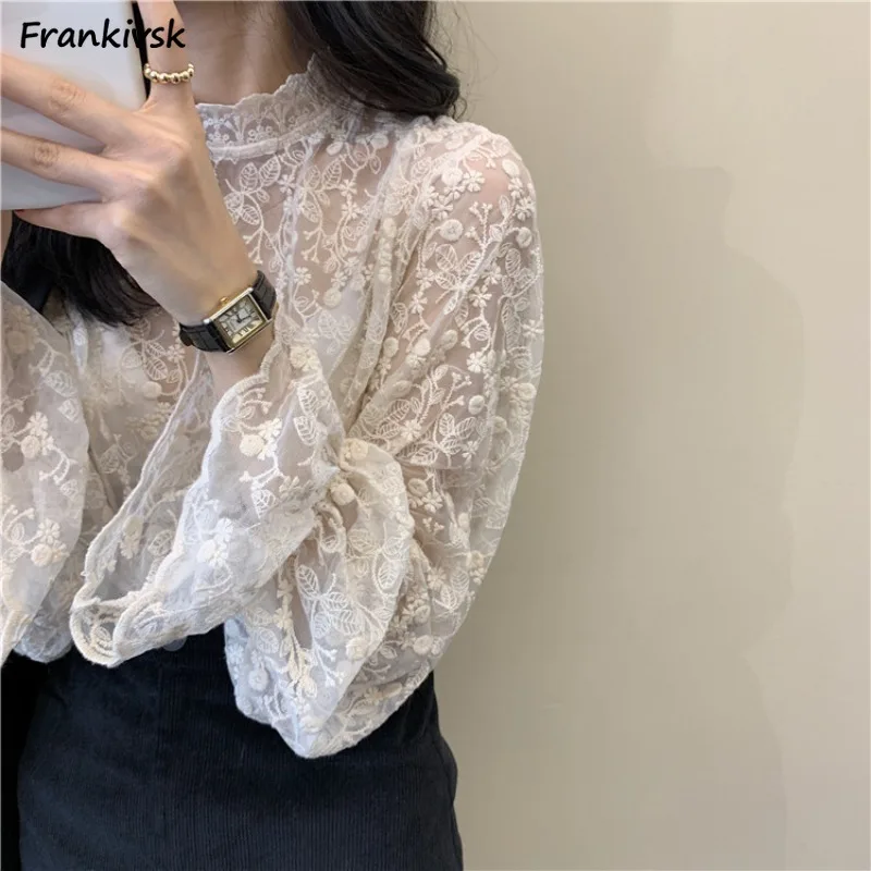 Transparent Blouses Women Hollow Out Sexy Spicy Girls High Street Long Sleeve Breathable Elegant Mesh Temperament Mock Neck Chic