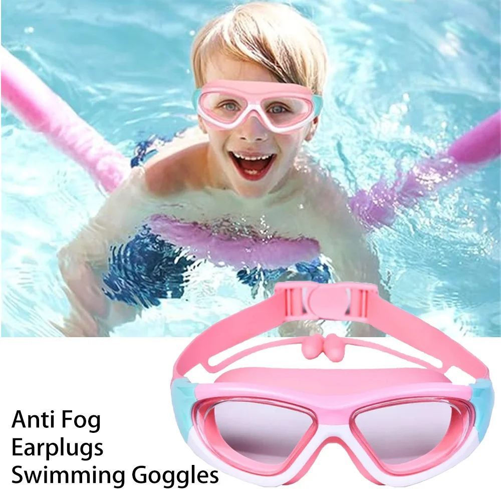 Occhiali ad alta definizione per bambini impermeabili antiappannamento con montatura grande nastro in Silicone tappi per le orecchie nuoto subacqueo