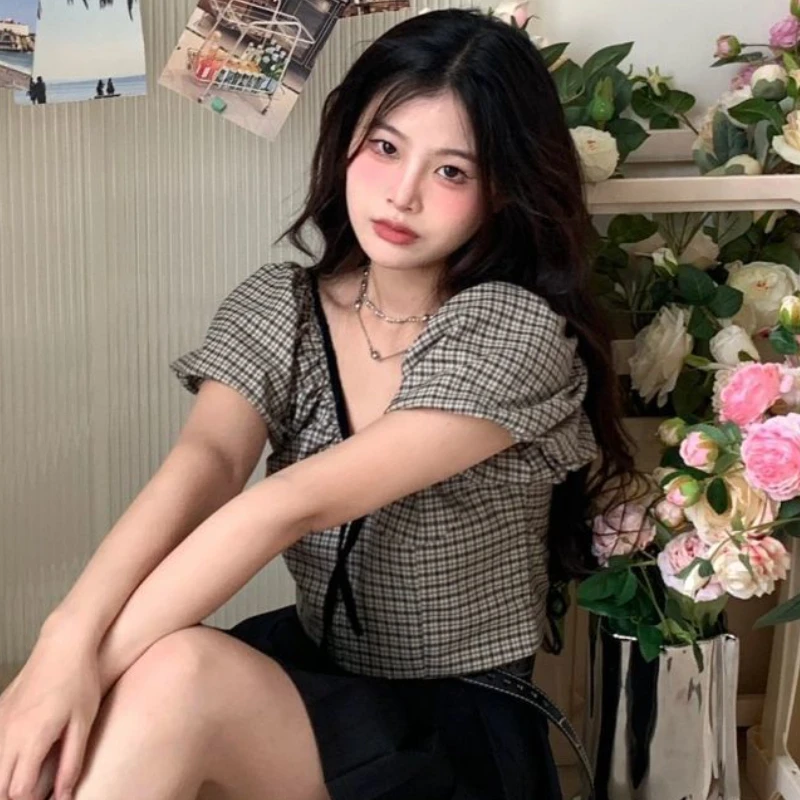 Plaid Blouses Women Bandage Crop Tops Chic Hotsweet Puff Sleeve Casual Girlish Vintage Summer Ulzzang Tender All-match College