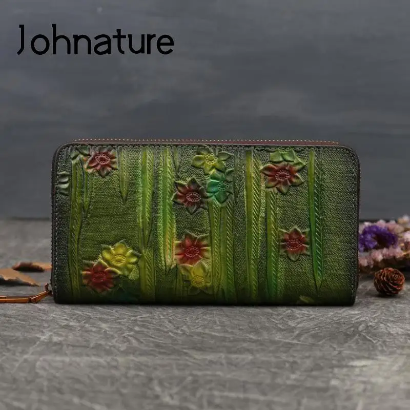 Johnature Retro Embossed Long Women Wallets Genuine Leather New Wallet Card Holder Leisure Handmade Large Clutch Purse