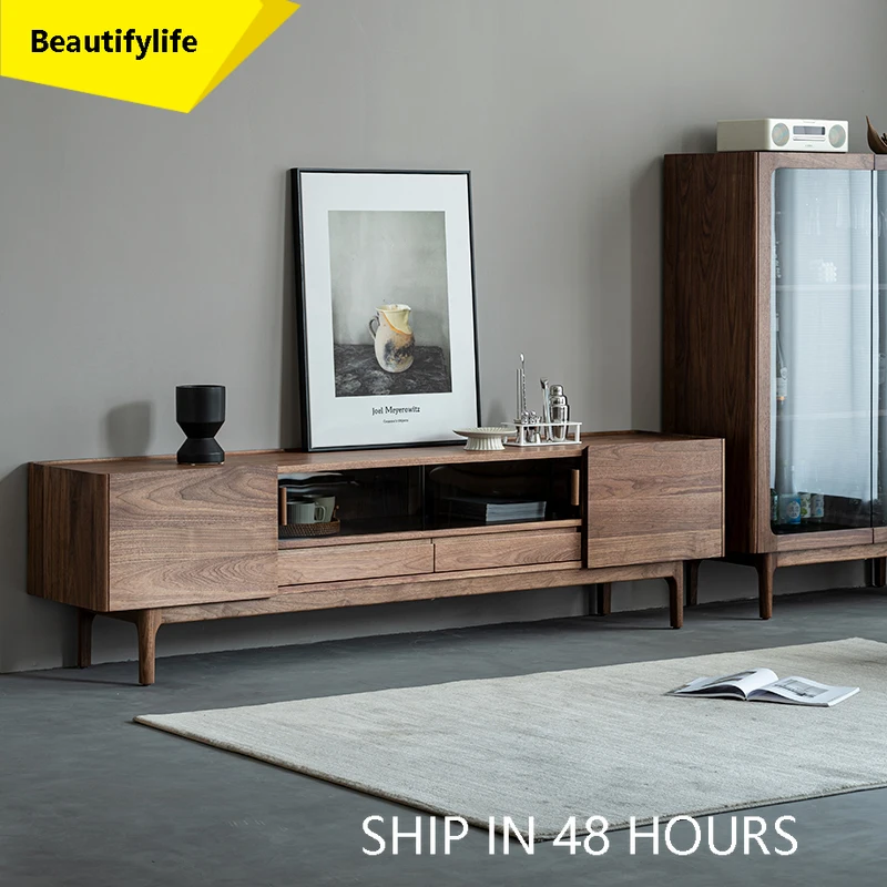 

North American black walnut TV cabinet Nordic all solid wood living room coffee table combination log video cabinet AA