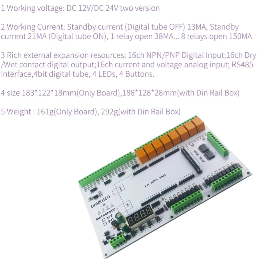 

Напряжение сухой влажный контакт MOS DNMEB50 MEGA2560 R3 RS485 Реле 4-20MA Ток 0-5 В/10 В/30 В Расширяющая плата 16DO-16AI-16DI