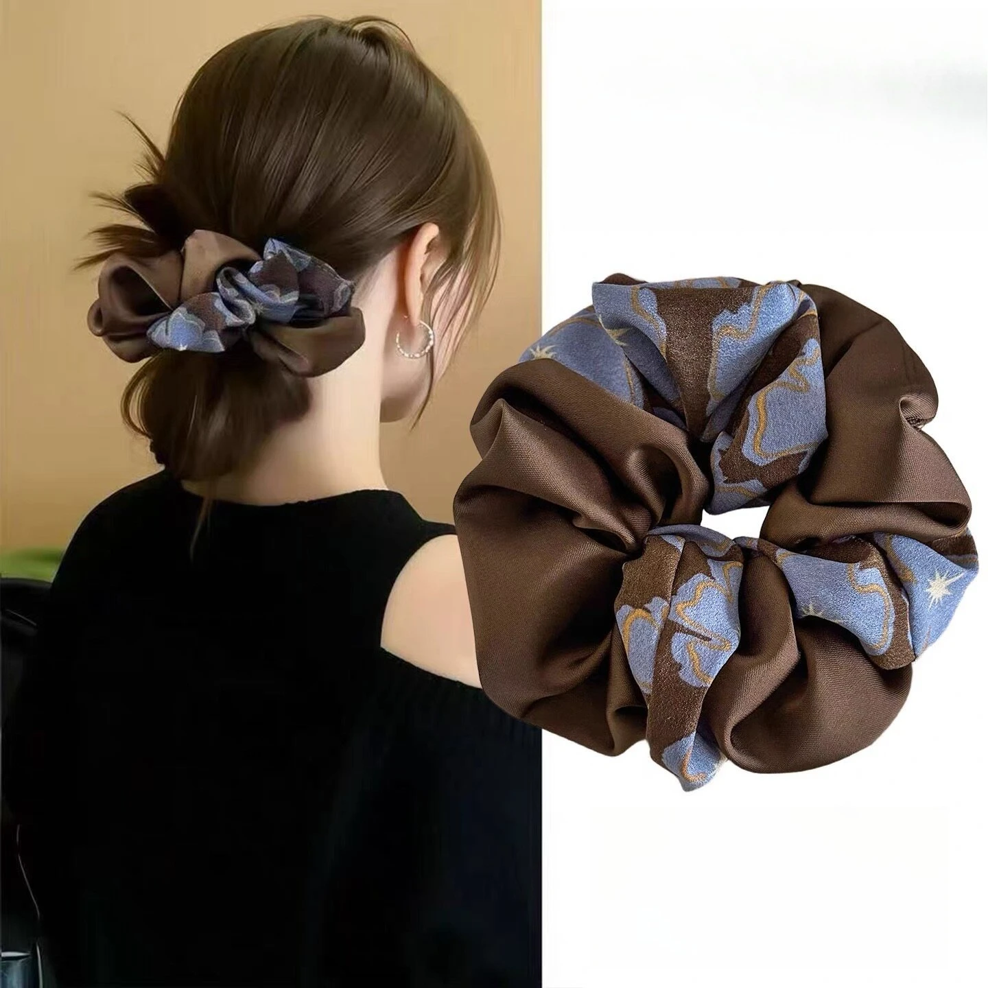 Premium Blue Brown Satin Scrunchie for Messy Ponytail Casual Versatile Hair Tie Soft Lightweight Women Daily Accessories Women