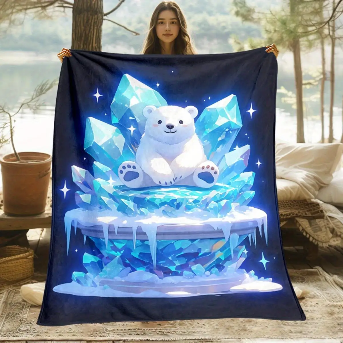 1pc Cute Polar Bear & Ice Print Flannel Blanket - Lightweight All-Season Soft Warm Throw & s, Blue & White Northern Design, Mach