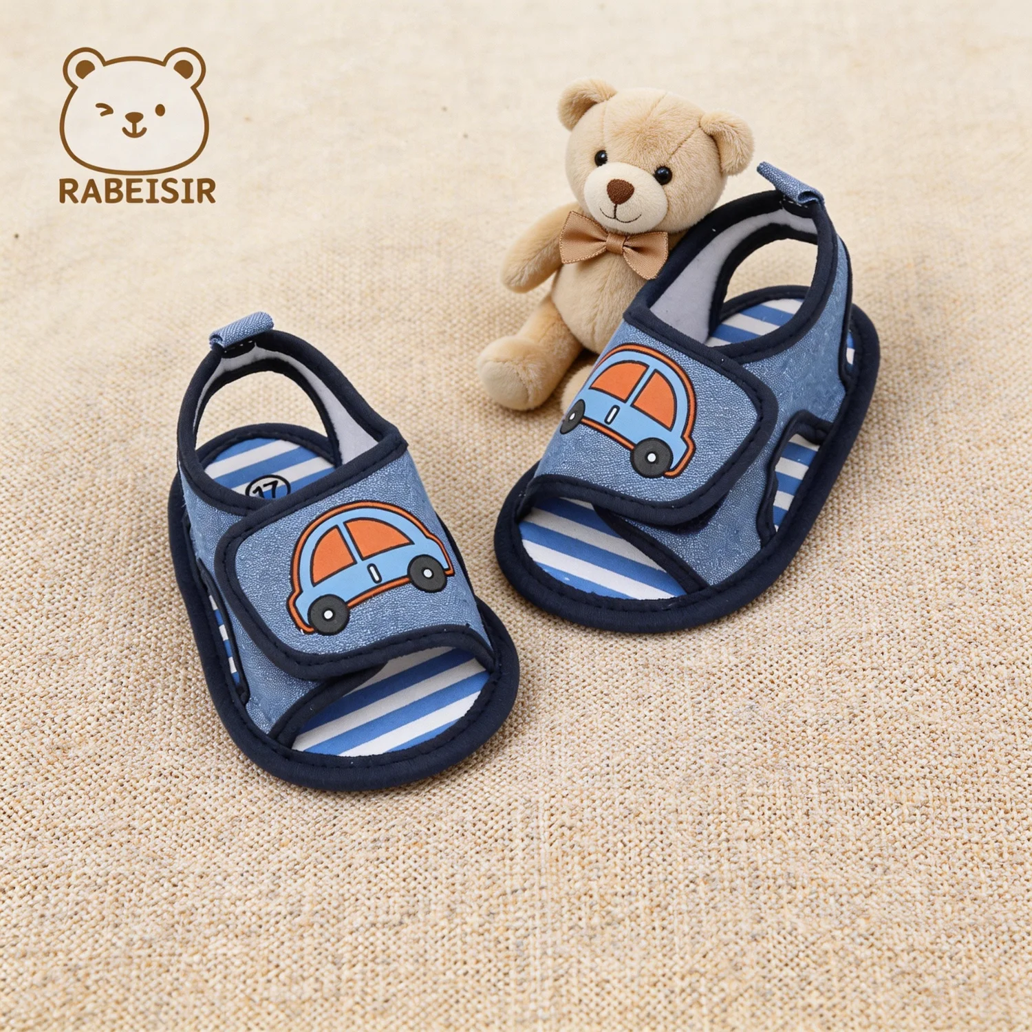 Frühlings- und Sommer-Babysandalen für Jungen im Alter von 0-1,5 Jahren, Vorläufer-Schuhe mit atmungsaktiver Stoffsohle und Klettverschluss.