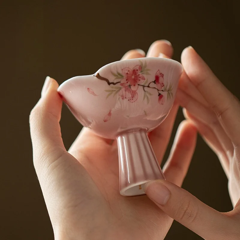 Hand Painted Peach Blossom Stemmed Master Cup Ceramic Flared Rim Tasting Cup Kung Fu Tea Household Tea Room Holiday Decor Gift