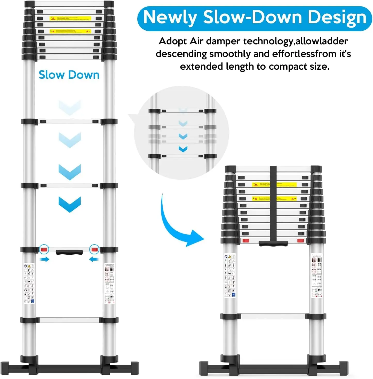 Ladder, Collapsible Ladder with Bottom Stabilizers, Slow Descent, and One-Key Retraction