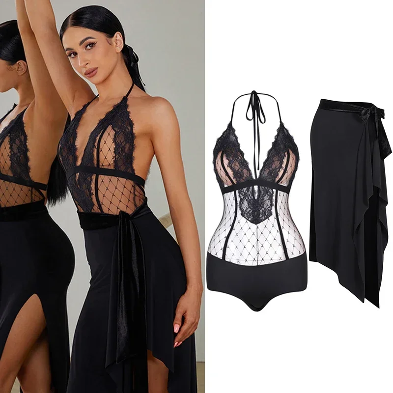 

ZYM Latin Dance Costume Women Lace Tops Irregular Skirt Tango Dance Clothes Club Prom Adult Rumba Performance Dresses DNV19731
