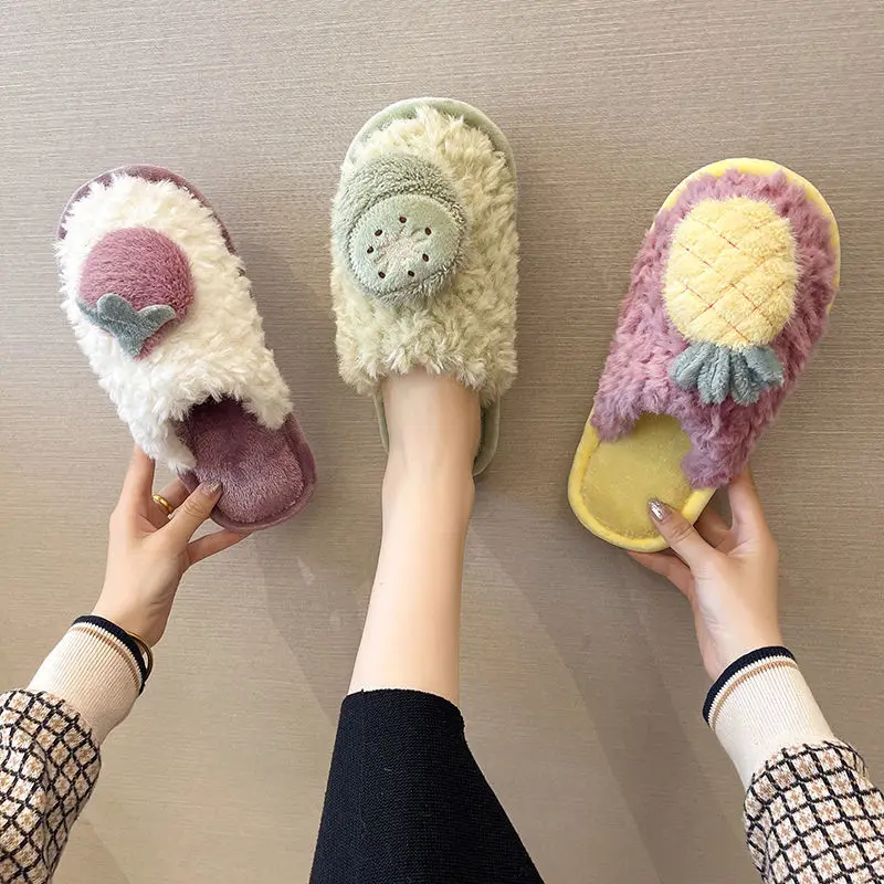 Lovely Strawberry Fluffy Fur Home Slippers Women Winter Warm Plush Furry Thick Platform Slides Kawaii Cute Carrot Shoes