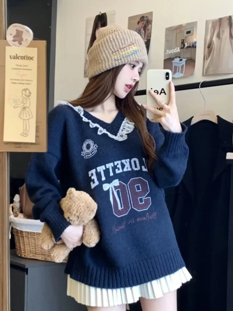 

Lace Patchwork Sweet Sweaters Women Cute Letter Loose Knitted Pullovers New Casual Long Sleeve Lazy Wind Elegant Retro Tops New