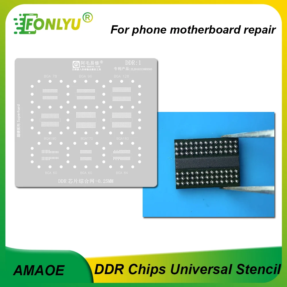 Amaoe ddr1 bga reballing estêncil para bga78 bga96 bga128 bga190 bga180 bga170 bga60 cpu estanho plantio net ferramenta de reparo da placa-mãe