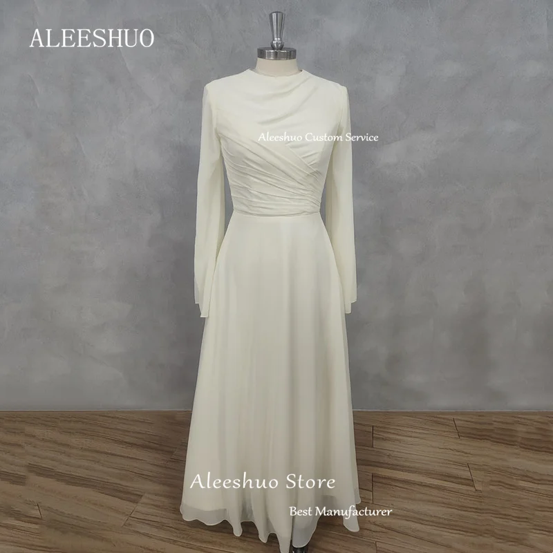 Aleeshuo Simple Saudi Arabia Solid color Long Sleeve Vestidos De Noche A-Line Pleated Chiffon O-Neck Prom Dress Ankle-Length