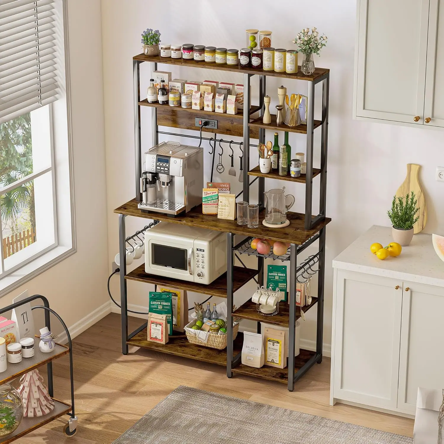 Large Bakers Rack with Power Outlets, 6-Tier Microwave Stand, Coffee Bar with 12 S-Shaped Hooks, Kitchen Shelf with Wire Basket,