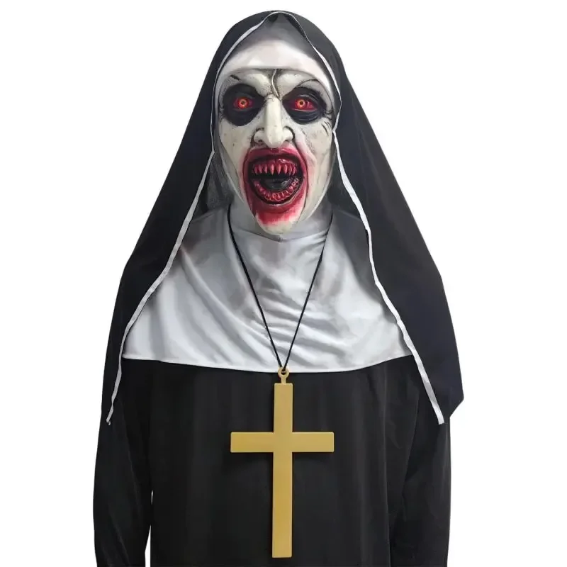 Horror The Nun Mask Headscarf Valak Cosplay Mask with Headscarf Latex Scary Full Head Mask Halloween Horror The Nun Latex Mask