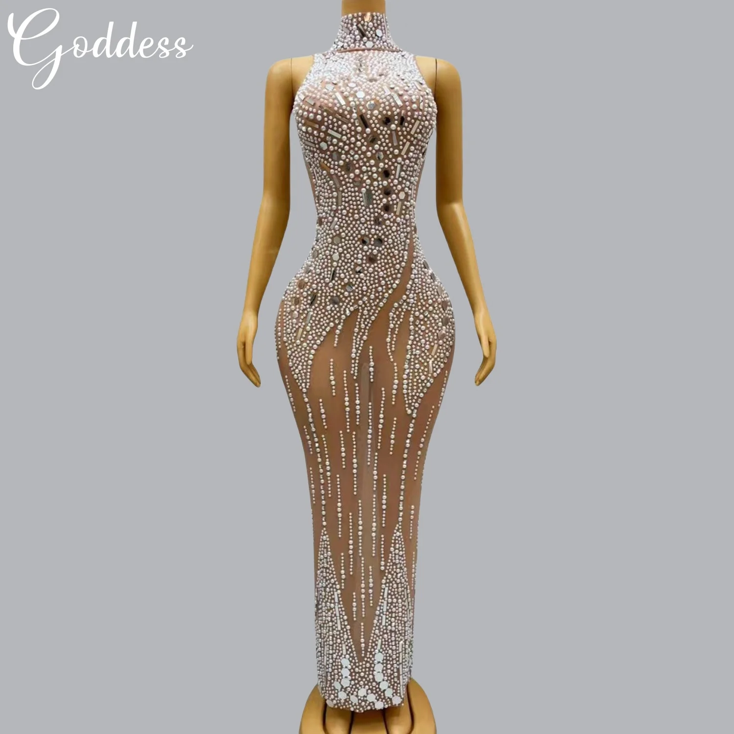 

Sexy White Pearls Mesh Perspective Long Dress Feast Women Neck-mounted Birthday Evening Dress Party Dress Singer Banquet Dress