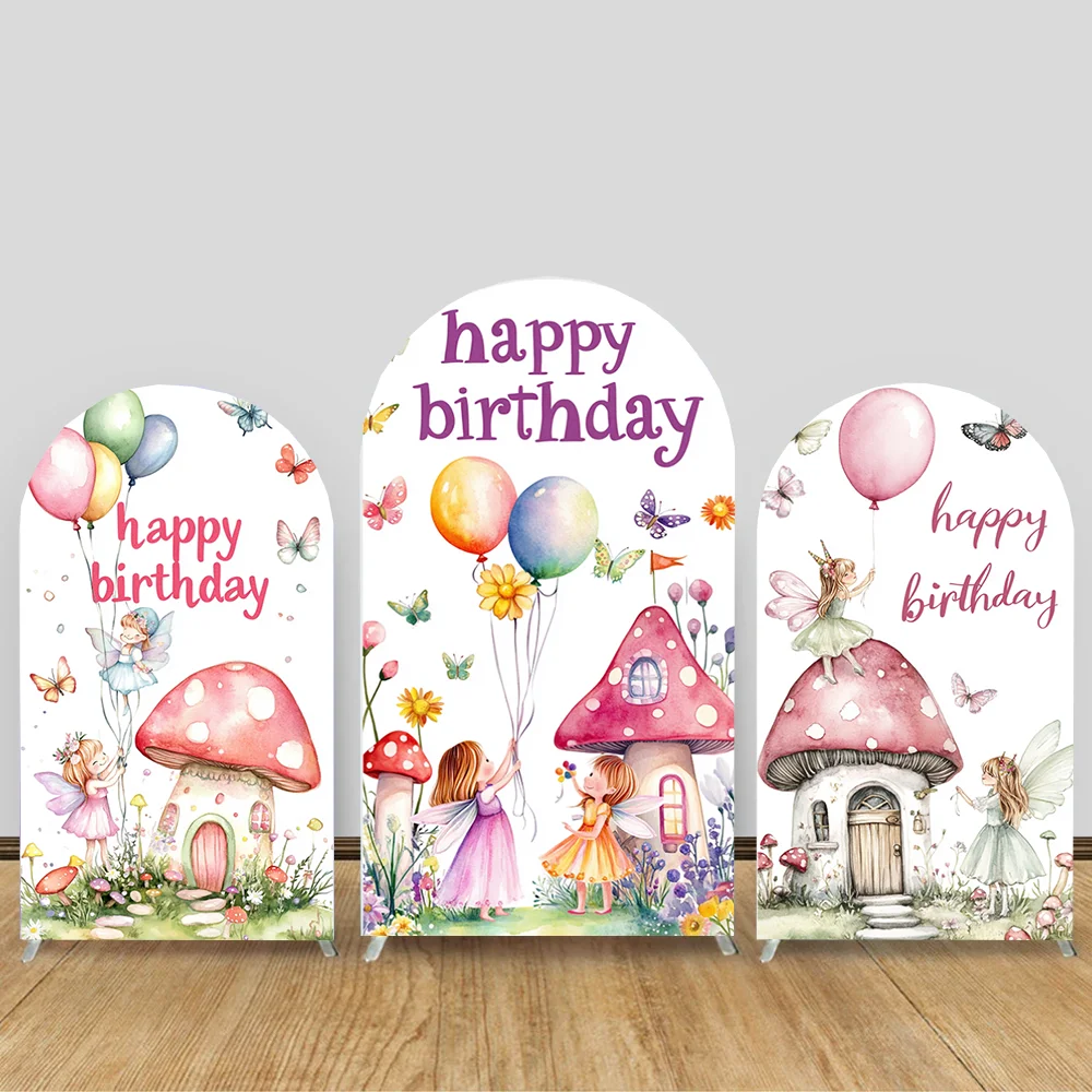 

Cartoon Cute Fairy Elf Mushroom House Butterfly Flower Arch Backdrop Girl Birthday Party Baby Shower Decor Elastic Background