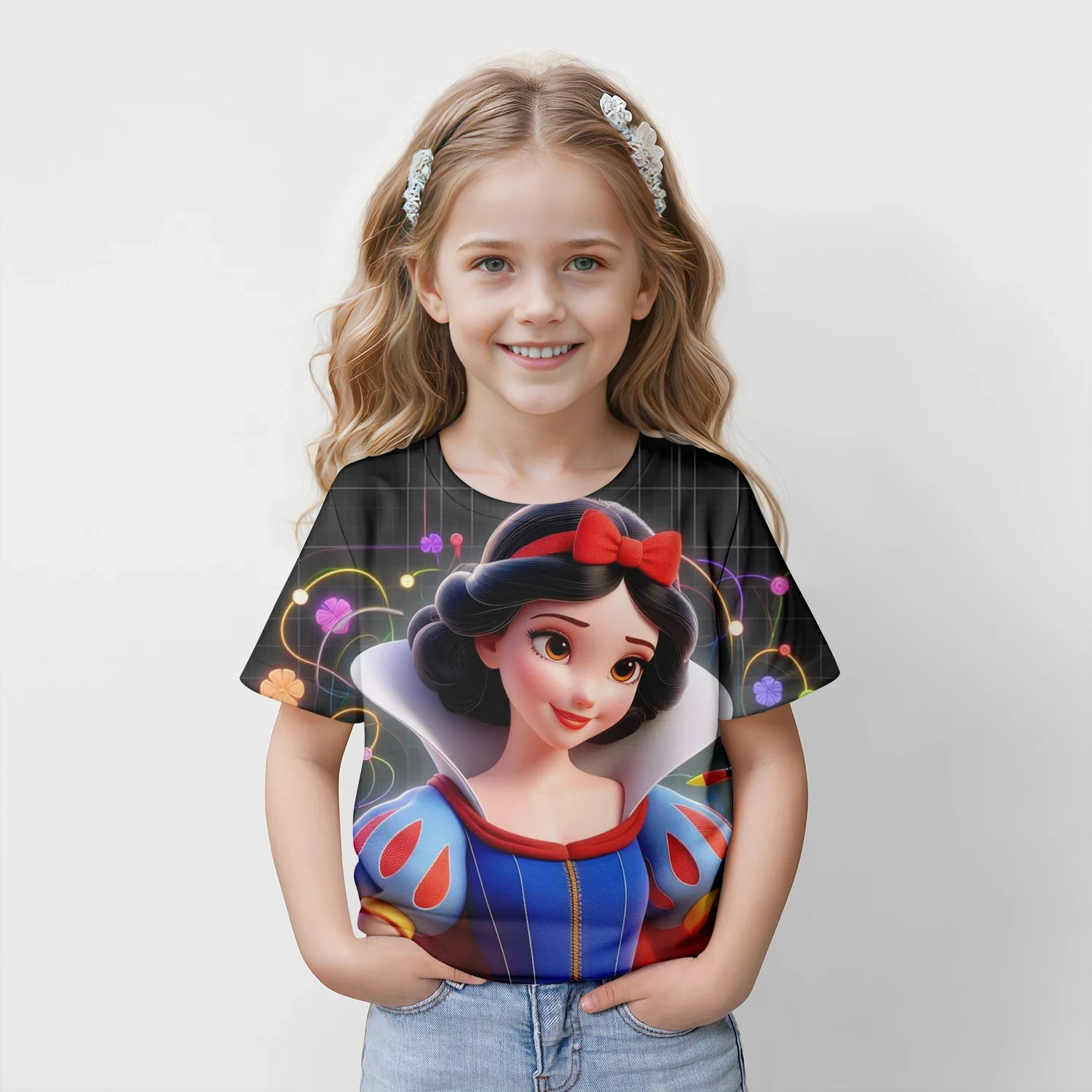 2024 New Summer Kids 3D Printed Cute Cartoon PrincessT-shirt Fashion Children Short Sleeve Clothing  Girls Luxury Streetwear