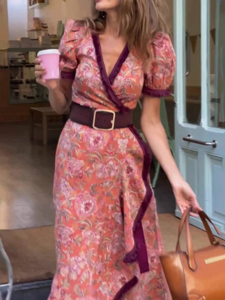 Spring Summer New Bohemian Pattern Print Long Dress Casual V Neck Irregular Fit Dress Elegant Puff Sleeve Vacation Dress