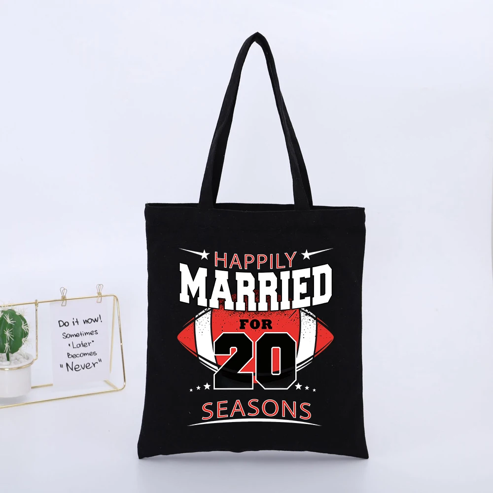 Married Couple's Football Themed Canvas Tote Bag Typography Print, Retro Style for Anniversary Celebrations and Casual Outings