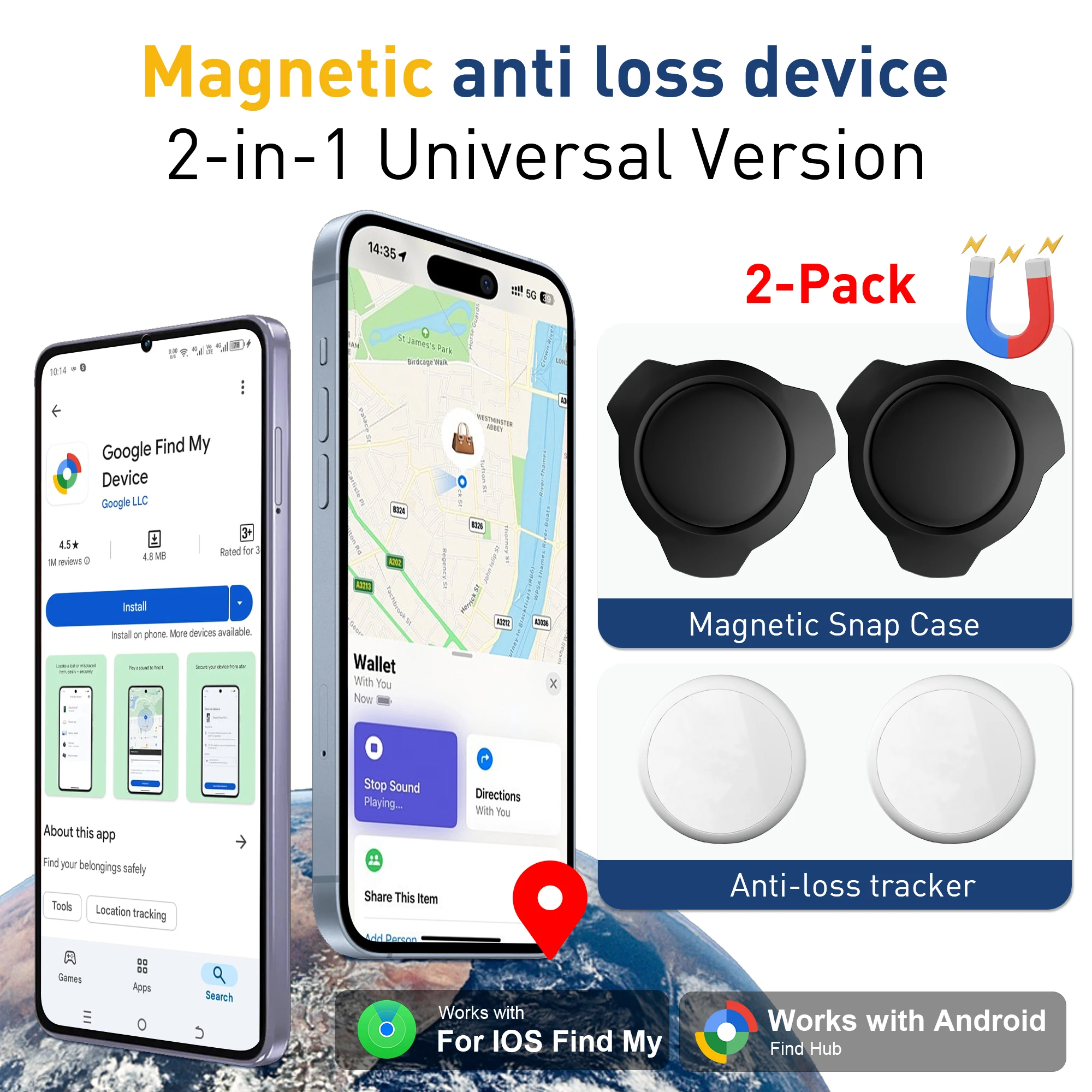 

2-Pack Dual-System Magnetic Tracker — Compatible with iOS "Find My" or Android "Google Find Hub" — Item Finder & Luggage Locator