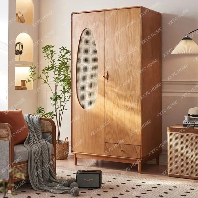 XX New Chinese Rattan Solid Wood Wardrobe Combination Large Capacity Partition Three-door Wardrobe Multi-functional Bedroom Sto