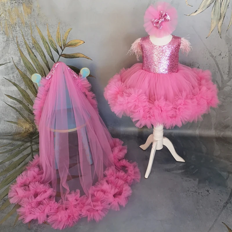 Vestidos de niña de flores de color rosa oscuro, lentejuelas de tul con lazo y cola sin mangas para boda, cumpleaños, vestidos de primera comunión