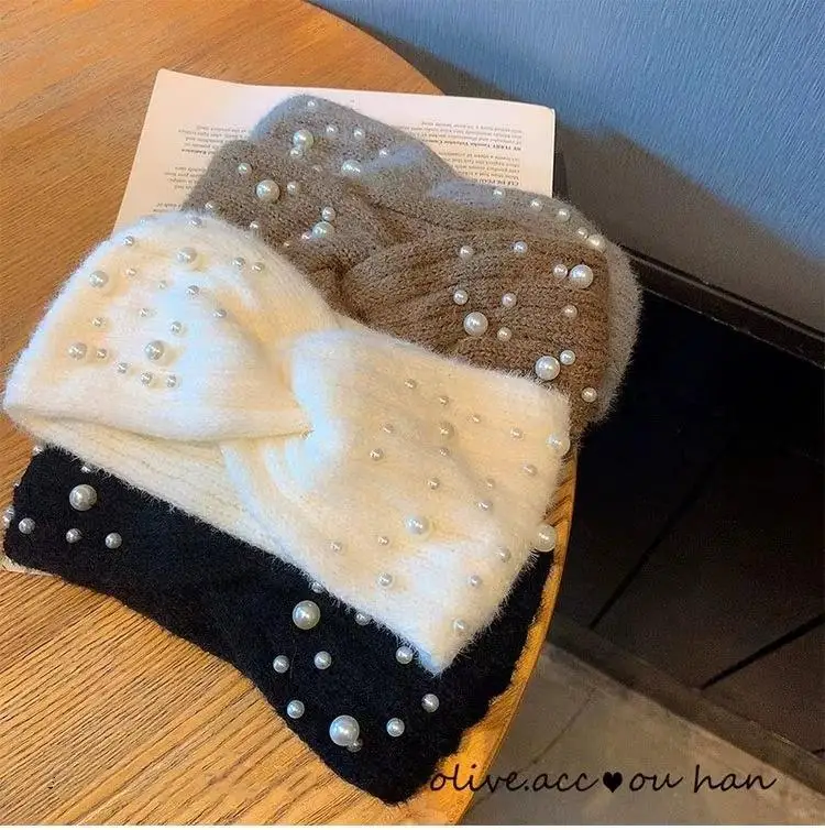 

Winter Knitted Headbands for Women Elegant Pearl Cross Turban Knote HairBands Warm Headwrap Bandage Bandanas Hair Accessories