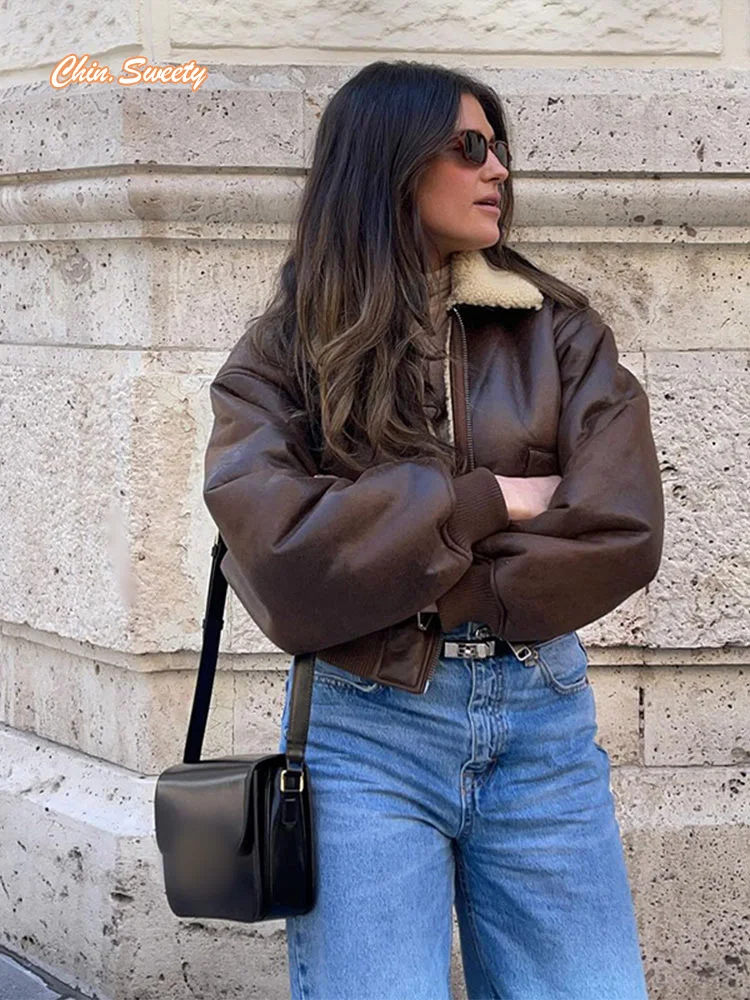 

Vintage Brown Faux Fur Zipper Warm Jacket Women Autumn Lapel Long Sleeve Pocket Coat Fashion New Lady Commute Spliced Outwear