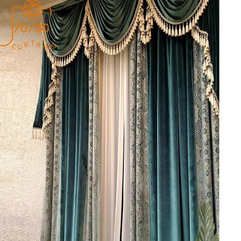 Light Luxury Dark Green Cut Velvet Jacquard Velvet Fabric Thickened Splicing Curtains for Living Room Bedroom Villa Height