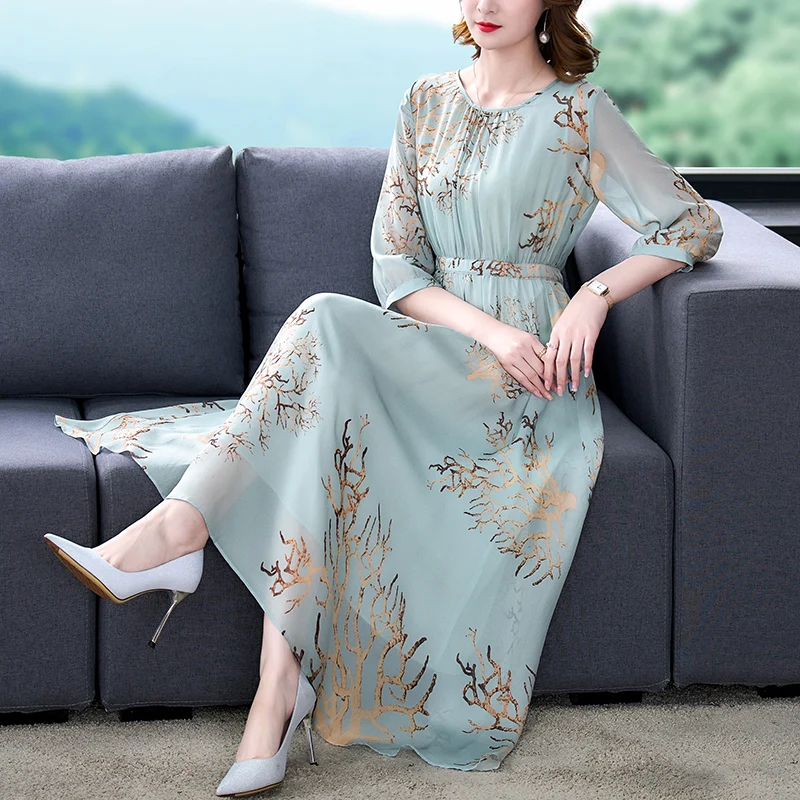 

2024 Blue Print Natural Silk Light Elegant Midi Dress Spring Summer Boho Casual Beach Sundress Women Korean Bodycon Party Dress