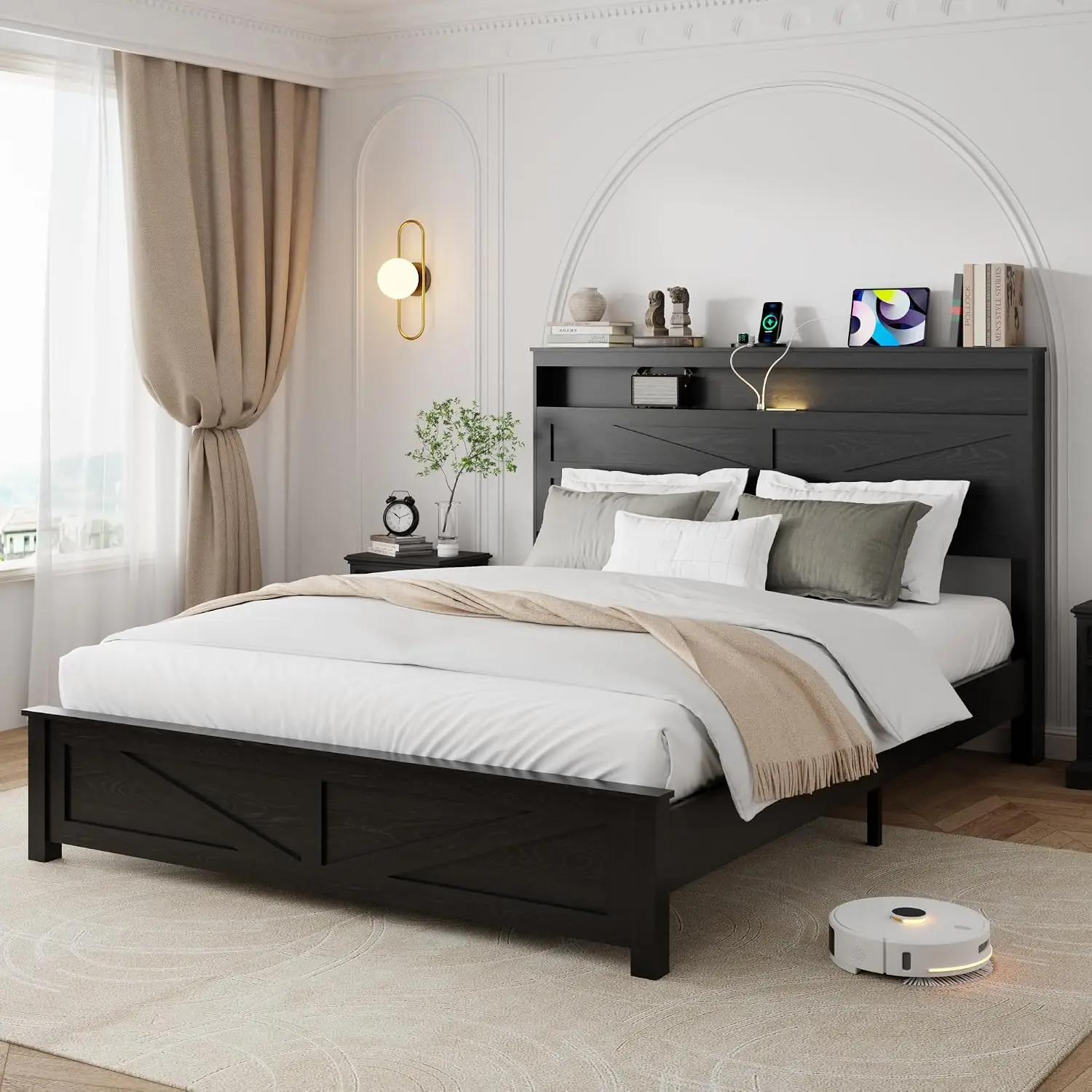 Rustic Wood Queen Bed Frame with LED Lights & Charging Station, Easy Assembly No Box Spring Needed, Customized