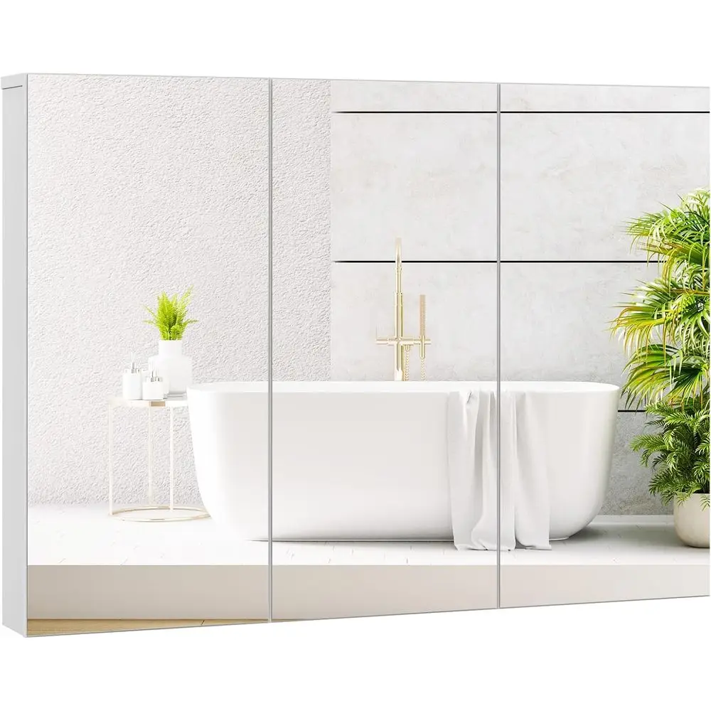 Mirrored Medicine Cabinet, Large Wide Wall Mounted Storage Cabinet with 3 Mirror Doors, Hanging Bathroom Organizer, White, 34.5