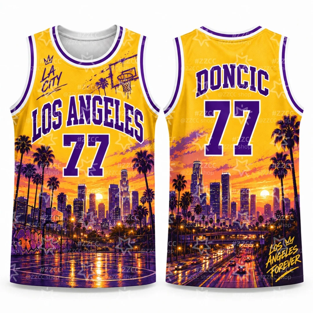 Men Los Angeles Cityscape Basketball Jersey Sunset Palm Tree Street Court Graphic Breathable Sports Tank Top Kids Clothes ﻿
