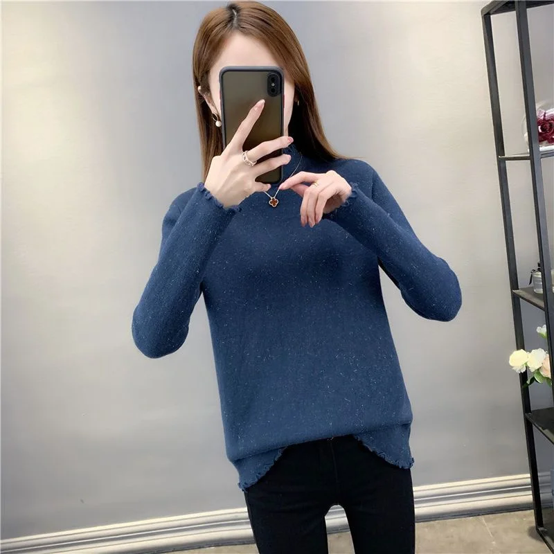 New Winter Turtleneck Bottoming Long Sleeve Top Korean Fashion Half High Neck Wood Ears Bright Silk Women Thickening Sweaters