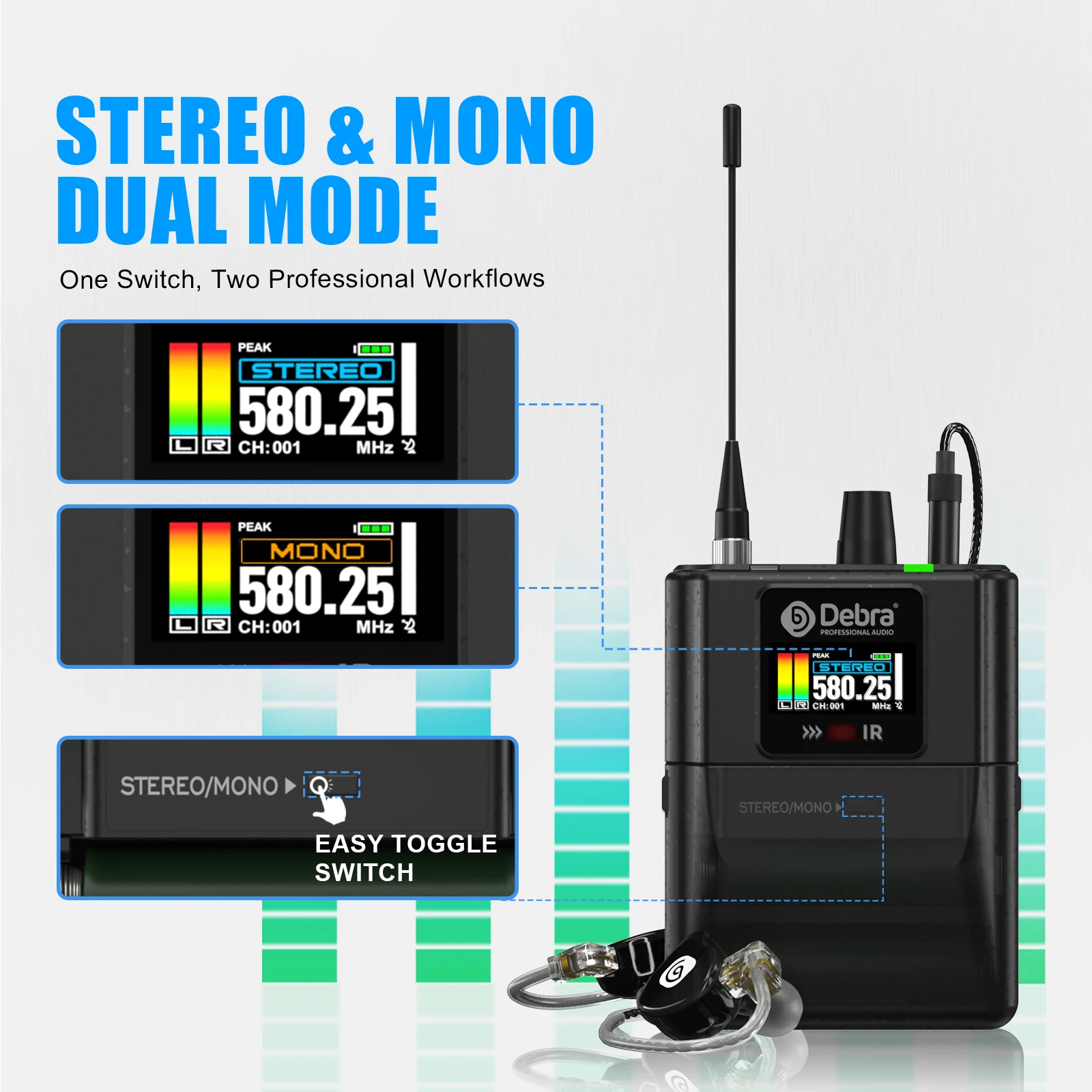 Debra New RC-EM1 UHF Stereo Wireless In-Ear Monitoring System, arbeitet im Frequenzbereich 565–590 MHz, entwickelt für Bands und Live-Übertragungen. – Detail 4
