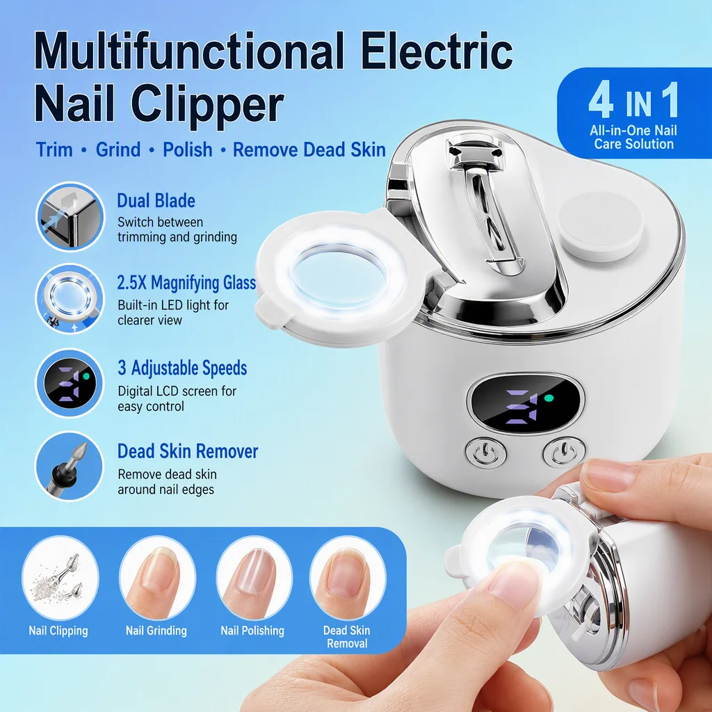 Electric Nail Trimmer 3 Speed Dual Blade with Magnifier LED Light LCD Display Cuticle Remover Nail File Dust Collector Nail Clip