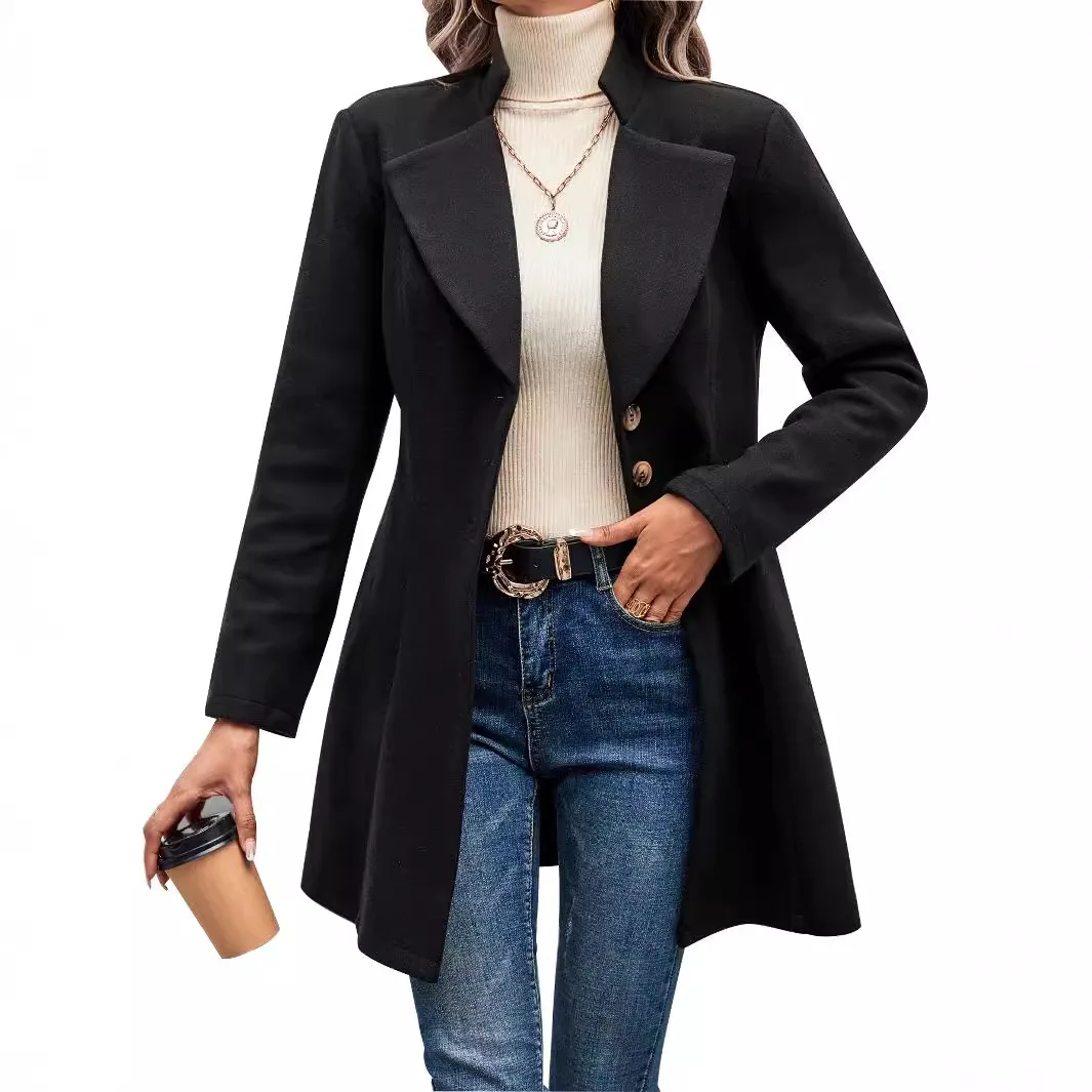 เสื้อโค้ทผ้าสีพื้นสำหรับผู้หญิง ปี 2025 ดีไซน์เข้ารูปช่วงเอว สไตล์ลำลอง ไม่มีแบรนด์