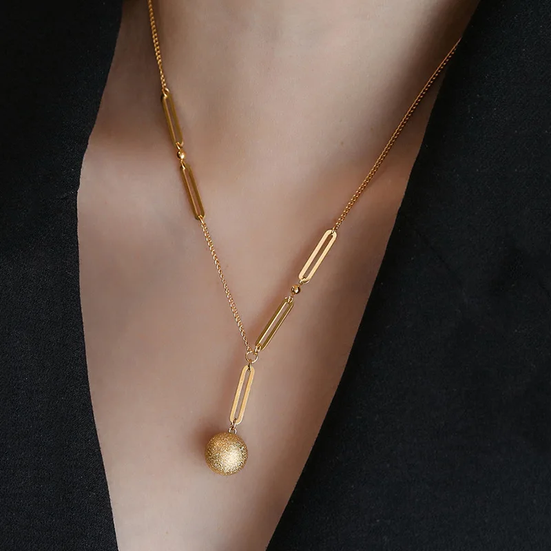 316 Stainless Steel Thin O Chain Spliced Hollow Rectangle Y Matte Ball Long Choker Gold Silver Mature Minimal Slim Single Neckla