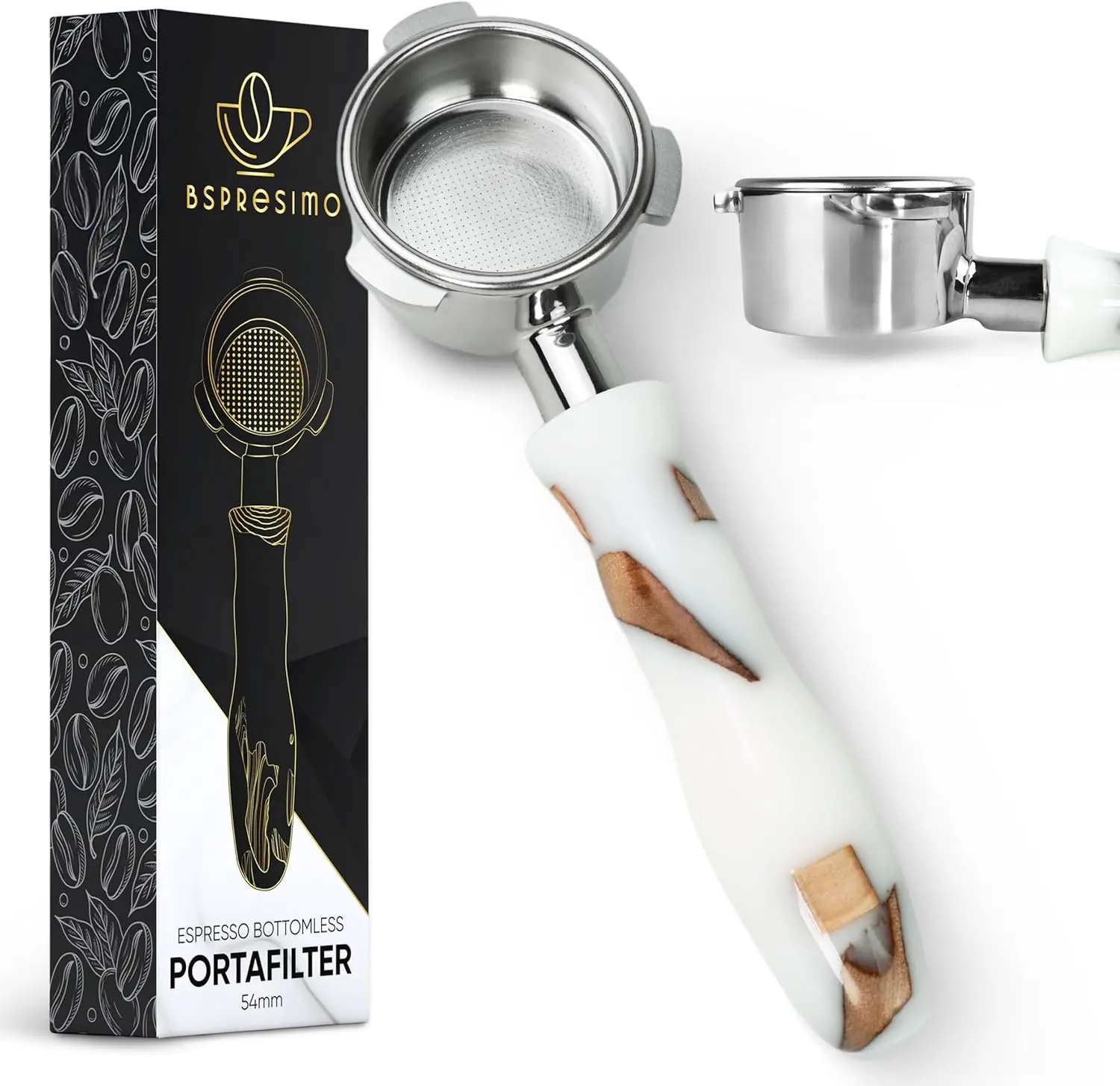 

54mm Bottomless Portafilter with Stainless Steel Naked Basket – Fits Breville Barista Express – White