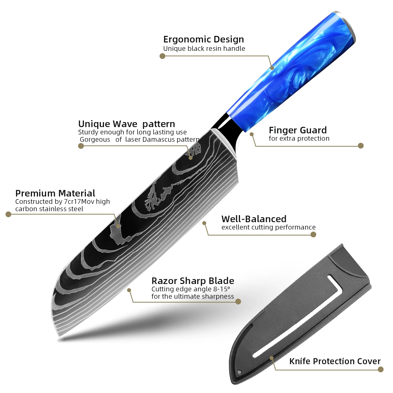 Kitchen Knives Set With knife holder Santoku Cleaver Slicer Utility Knife Blue Resin Handle Damascus Pattern 7CR17 440C Steel