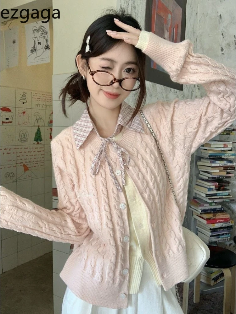 

Ezgaga Knitted Cardigan Women Sweet Fake Two Piece Patchwork Stretch Autumn New Fashion Sweater Female Single Breasted Casual
