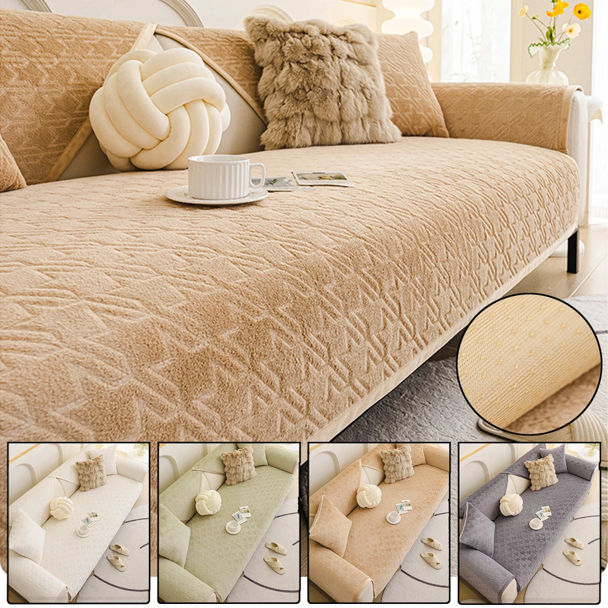 

1PC Solid Color Plush Jacquard Sofa Cover for Winter Seat Slipcovers Sofa Protector Non-slip Couch Cushion Cover for Living Room