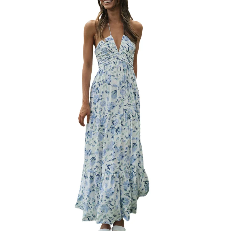 Vestido largo bohemio con estampado Floral para mujer, traje de verano con cuello Halter fruncido, Espalda descubierta, cintura alta, dobladillo con volantes, fiesta y playa